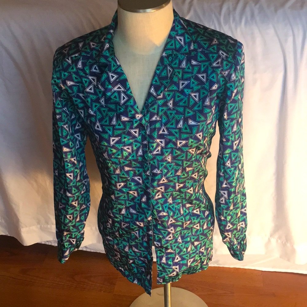 Abstract triangle Satiny Blue Green Button Blouse